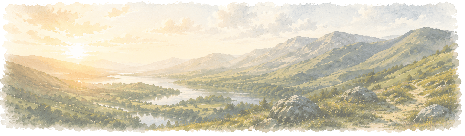 Rambleio — rolling hills and river valley at sunrise